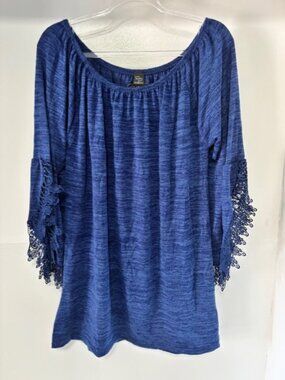 Win Win Blue Lace Trim 3/4 Sleeve Tunic Dress L/XL Boutique Casual Romantic Chic